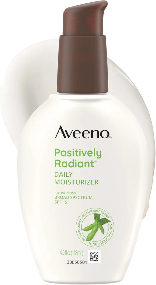 Aveeno Positively Radiant Daily Face Moisturizer with SPF 15 Sunscreen, Hydrating Face Lotion with Soy Extract to Improve Skin Tone and Texture, Hypoallergenic Formula, Oil-Free, 4 Fl Oz (Pack of 12)