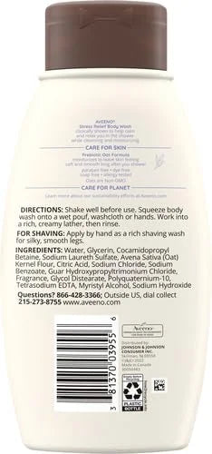 Aveeno Stress Relief Body Wash with Soothing Oat, Lavender, Chamomile & Ylang-Ylang Essential Oils, Dye- & Soap-Free Calming Body Wash for Shower Gentle on Sensitive Skin, 12 fl. oz