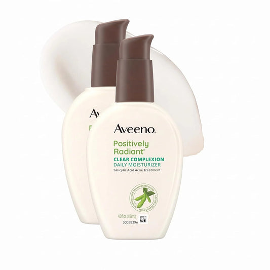 Aveeno Positively Radiant Clear Complexion & Acne Facial Moisturizer with Soy and Salicylic Acid for Oily Skin, Hypoallergenic Formula, Paraben-Free, Non-Comedogenic, Pump, 4 FL OZ, (Pack of 2)