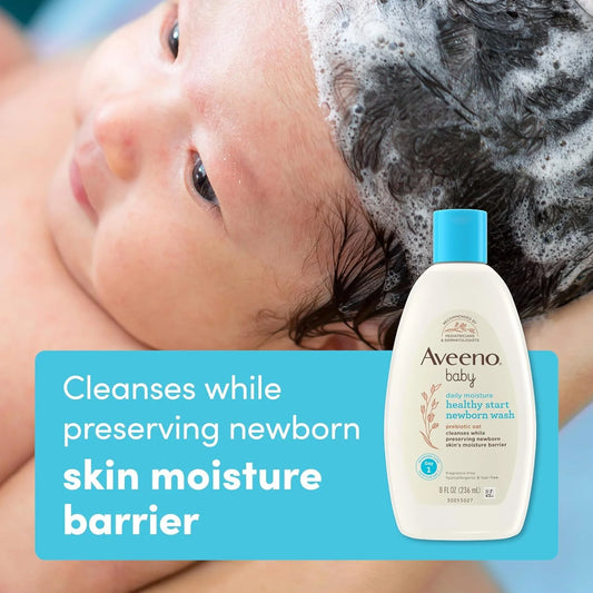 Bundle of Aveeno Baby Healthy Start Newborn Wash, Hypoallergenic Baby Body Wash with Prebiotic Oat, Fragrance-Free, 8 fl. oz + Newborn Balm, Baby Skin Balm with Prebiotic Oat , Fragrance-Free, 5 oz