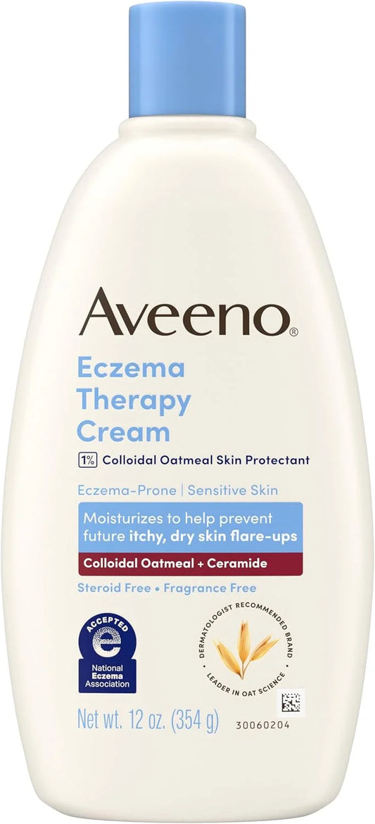 Aveeno Eczema Therapy Daily Moisturizing Body Cream for Sensitive Skin,Soothing Eczema Cream for Dry & Itchy Skin Relief, Colloidal Oatmeal & Ceramide, Steroid- & Fragrance-Free, 12 Fl Oz (Pack of 12)