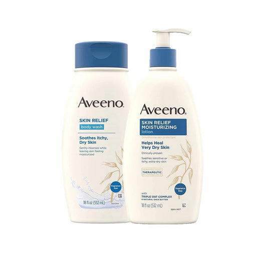 Aveeno Skin Relief Fragrance-Free Moisturizing Daily Body Wash, 18 oz & Skin Relief Fragrance-Free Moisturizing Body Lotion for Sensitive Skin, 18 oz