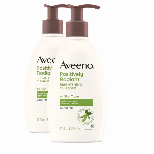 Aveeno Positively Radiant Brightening Facial Cleanser with Moisture Rich Soy Extract, Helps Even Skin Tone & Texture While Gently Lifting Away Dirt, Oil & Makeup, Sulfate-Free, 11 fl. oz (Pack of 2)