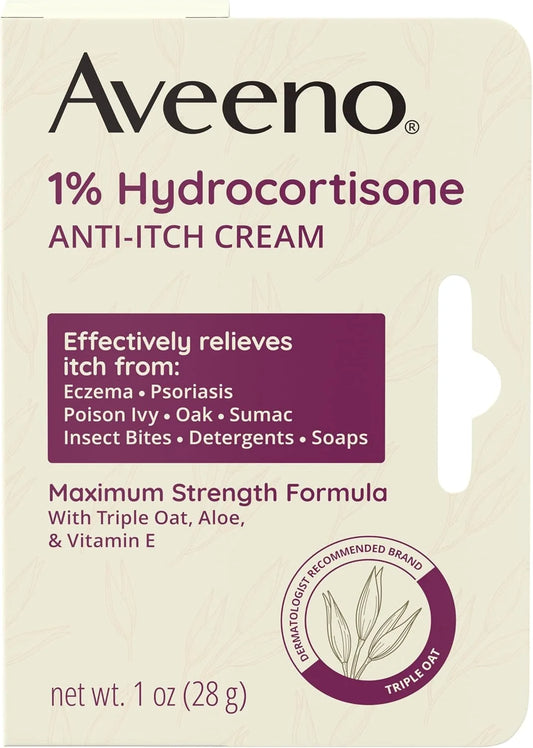 Aveeno Maximum Strength 1% Hydrocortisone Anti-Itch Cream, Triple Oat, Aloe & Vitamin E For Itch Relief From Eczema, Psoriasis, Insect Bites, Poison Ivy, Oak & Sumac & Detergents, 1 oz, 2 Pack