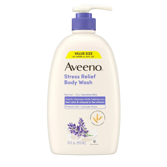 Aveeno Stress Relief Body Wash for Women, Calming Lavender Scent & Prebiotic Oat, Cleanser for Sensitive Dry Skin, Paraben, Dye & Soap-Free, 33 Fl Oz (Pack of 6)