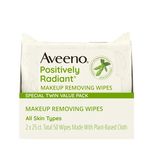 Aveeno Positively Radiant Makeup Remover Wipes, Twin Pack, 2 x 25 Ct