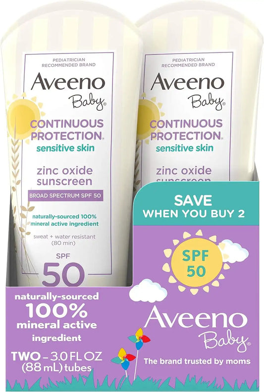 Aveeno Baby Continuous Protection Zinc Oxide Mineral Sunscreen Lotion for Sensitive Skin, Broad Spectrum SPF 50, Paraben- & Tear-Free, Sweat- & Water-Resistant, Travel-Size, 2 x 3 fl. oz