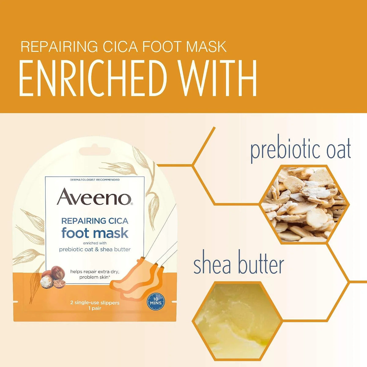 Aveeno Repairing CICA Foot Mask & Hand Mask with Prebiotic Oat and Shea Butter, for Extra Dry Skin, 1 ea