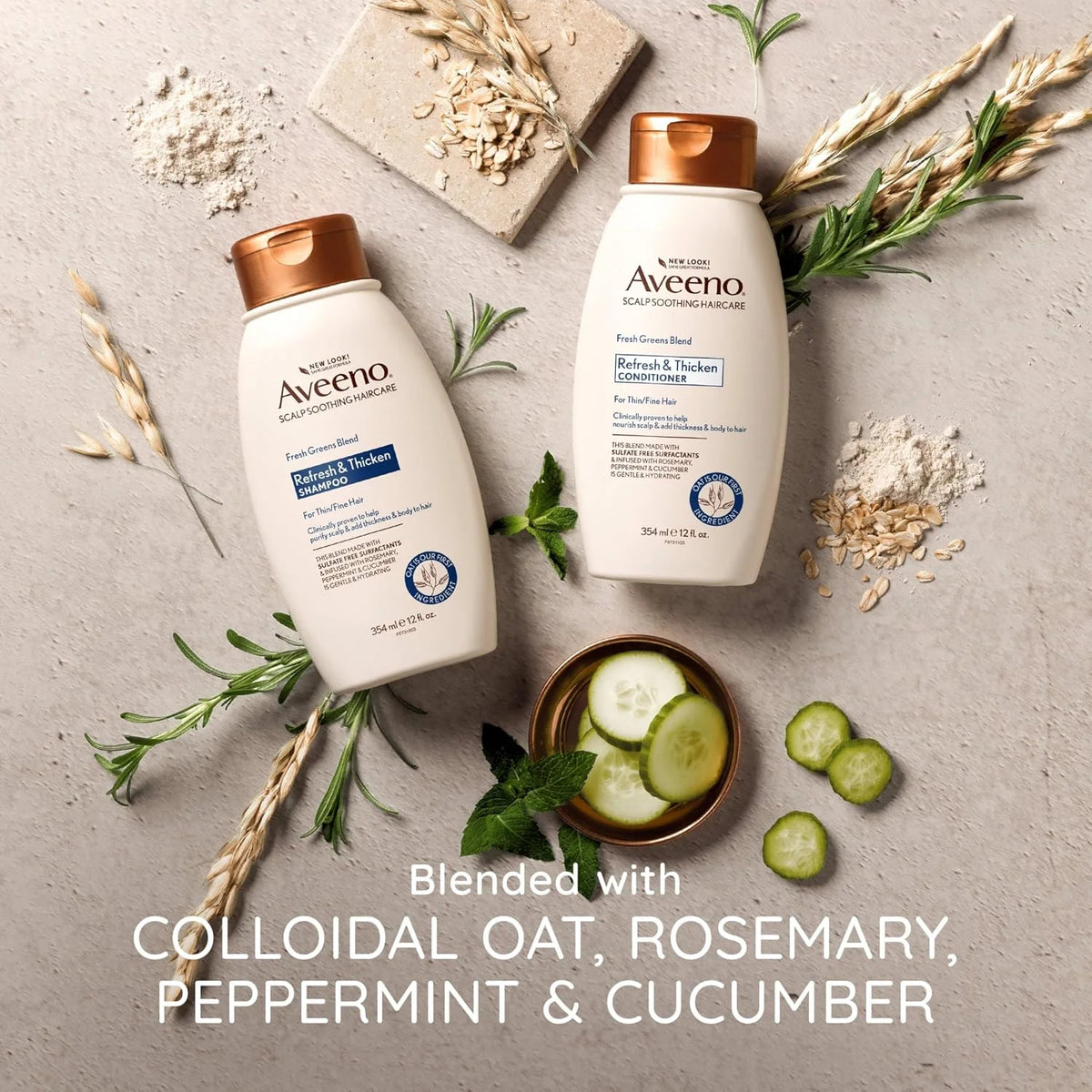 Aveeno, Fresh Greens Blend Sulfate-Free Conditioner with Rosemary, Peppermint & Cucumber to Thicken & Nourish, Clarifying & Volumizing for Thin or Fine Hair, Paraben-Free, 12oz