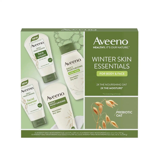 Aveeno Daily Moisturizing Winter Skin Essentials Skincare Set for Face & Body with Daily Moisturizing Body Lotion, Body Wash, Facial Cleanser & Face Cream, Subscription for Women, 4 items