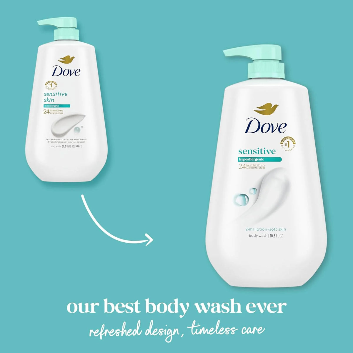 Dove Body Wash, Sensitive Skin Pump,34 Fl Oz (Pack of 2)