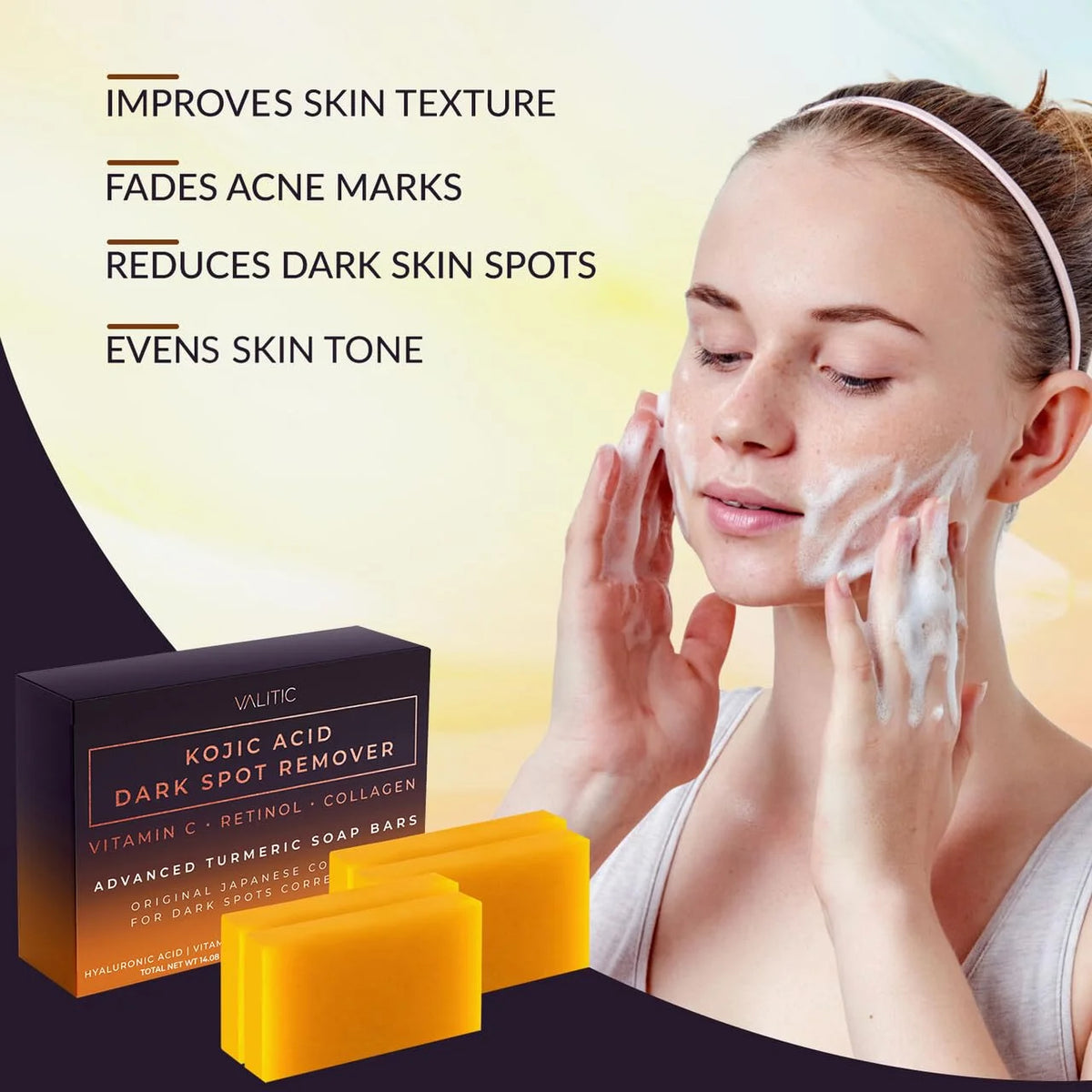 VALITIC Kojic Acid Dark Spot Remover Soap Bars, Turmeric Bar Soaps 4 Pack