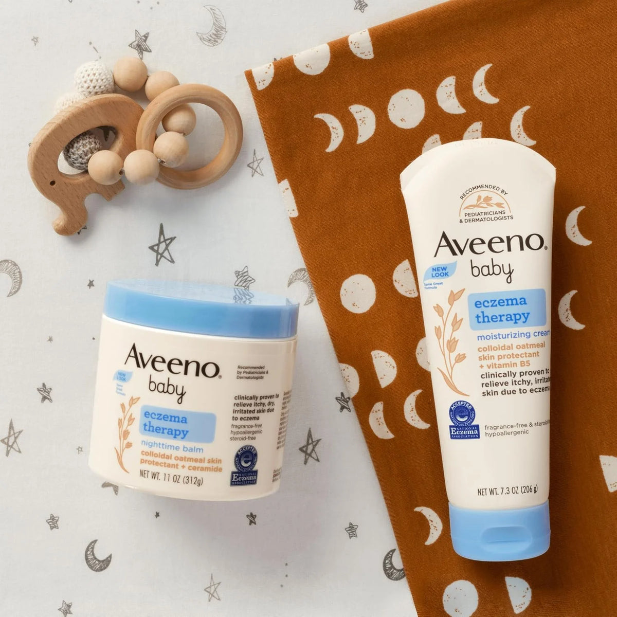 Aveeno Baby Eczema Therapy Bundle, 4 Items: Nighttime Balm, 1 oz + Moisturizing Cream, 5 oz + Soothing Bath Treatment, 5 ct + Moisturizing Baby Body Wash, 8 oz
