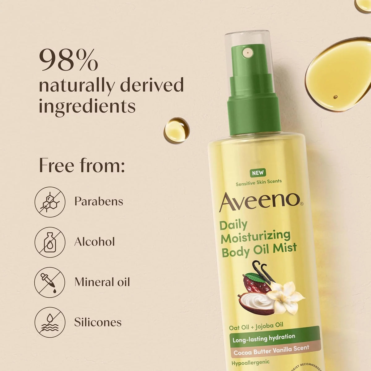 Aveeno Daily Moisturizing Body Oil Mist, Cocoa Butter Vanilla Scent, 6.7 fl. oz (Pack of 12)