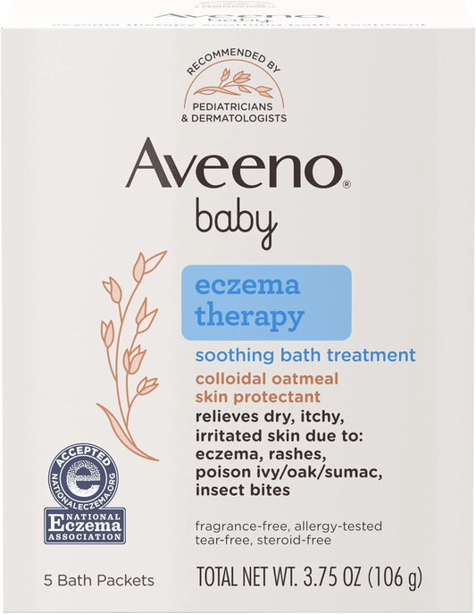 Aveeno Baby Eczema Therapy Bath Treatment for Relief of Dry, Itchy and Irritated Skin, Made with Soothing Natural Colloidal Oatmeal, Unscented, 3.75 Oz, 5 Count, Pack of 2