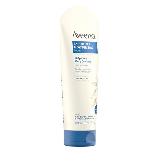 Aveeno Skin Relief 24-Hour Moisturizing Lotion for Sensitive Skin with Natural Shea Butter & Triple Oat Complex, Unscented Therapeutic Lotion for Extra Dry, Itchy Skin, 8 fl. oz