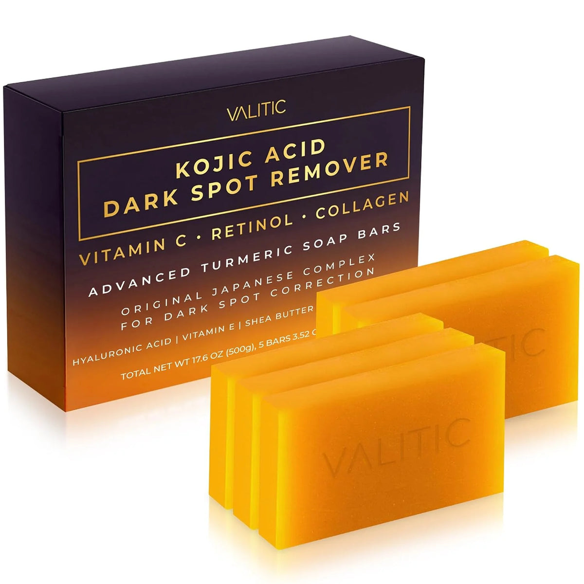 VALITIC Kojic Acid Dark Spot Remover Soap Bars, Turmeric Bar Soaps 4 Pack