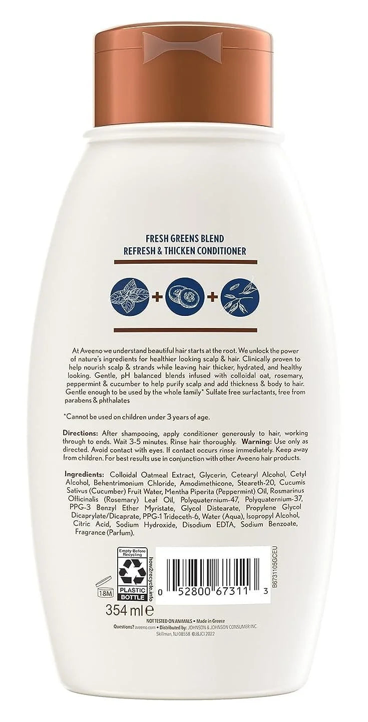 Aveeno, Fresh Greens Blend Sulfate-Free Conditioner with Rosemary, Peppermint & Cucumber to Thicken & Nourish, Clarifying & Volumizing for Thin or Fine Hair, Paraben-Free, 12oz