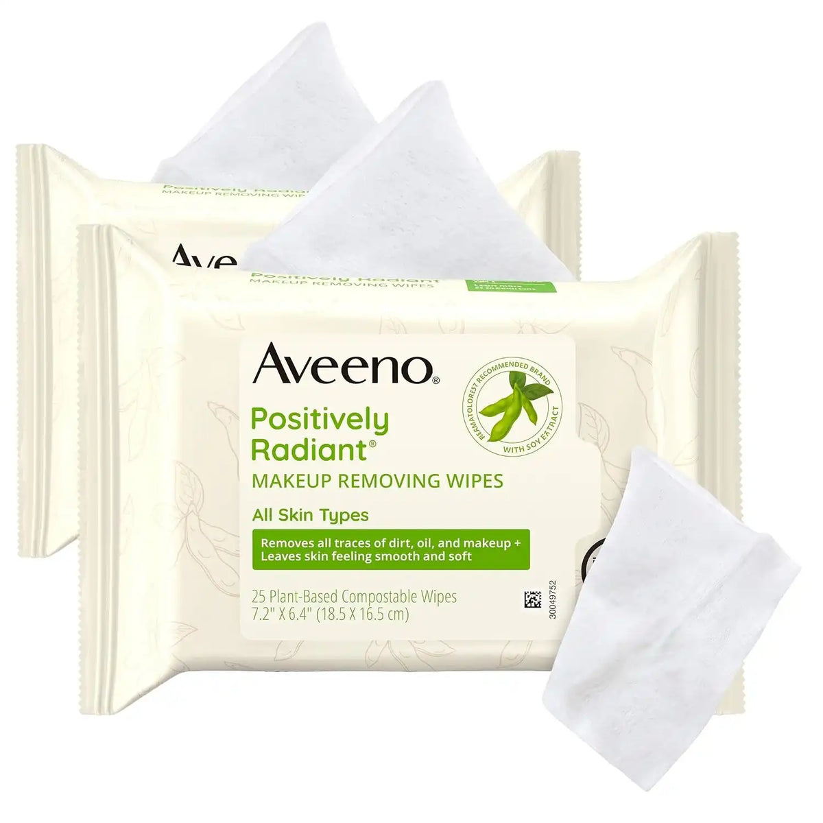 Aveeno Positively Radiant Makeup Remover Wipes, Gentle Individual Face Wipes with Moisture-rich Soy Extract to help leave your skin looking bright, Hypoallergenic Formula, Non-Comedogenic (Pack of 50)