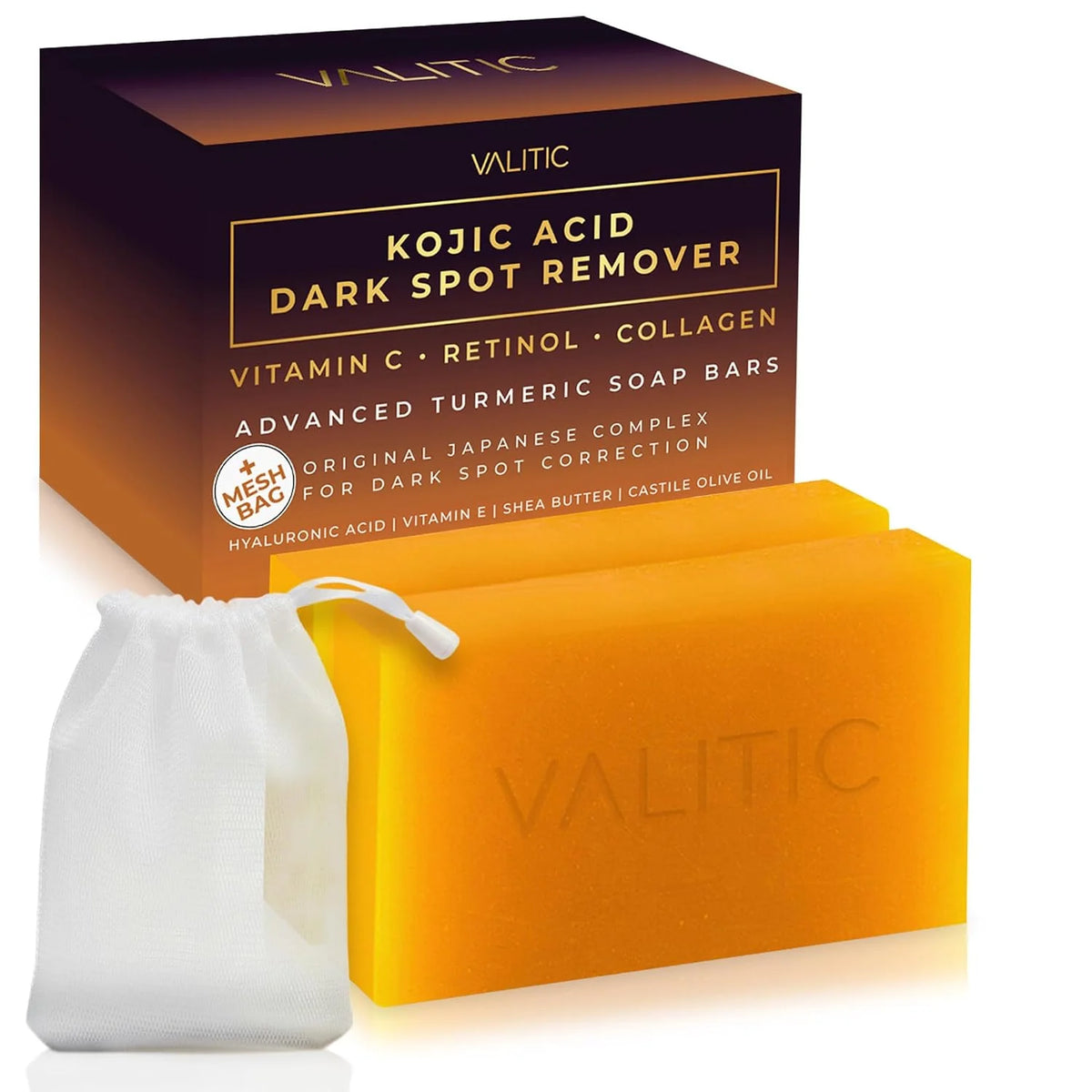 VALITIC Kojic Acid Dark Spot Remover Soap Bars, Turmeric Bar Soaps 4 Pack