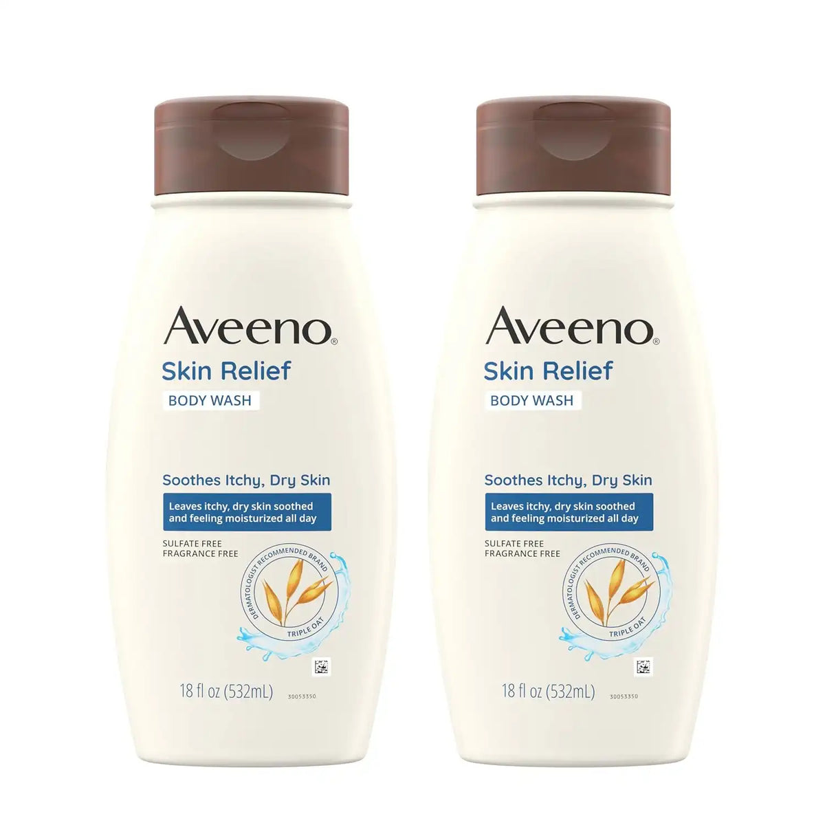 Aveeno Skin Relief Fragrance-Free Body Wash with Triple Oat Formula, Gentle Daily Cleanser for Sensitive Skin Leaves Dry Skin Feeling Moisturized, Sulfate-Free, 18 fl. oz, 2 Pack