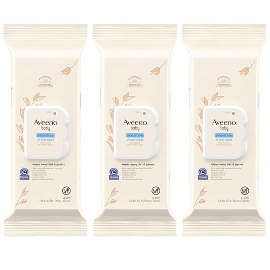 Aveeno Baby Sensitive All Over Wipes, Fragrance Free, 64 ct (Pack of 3)