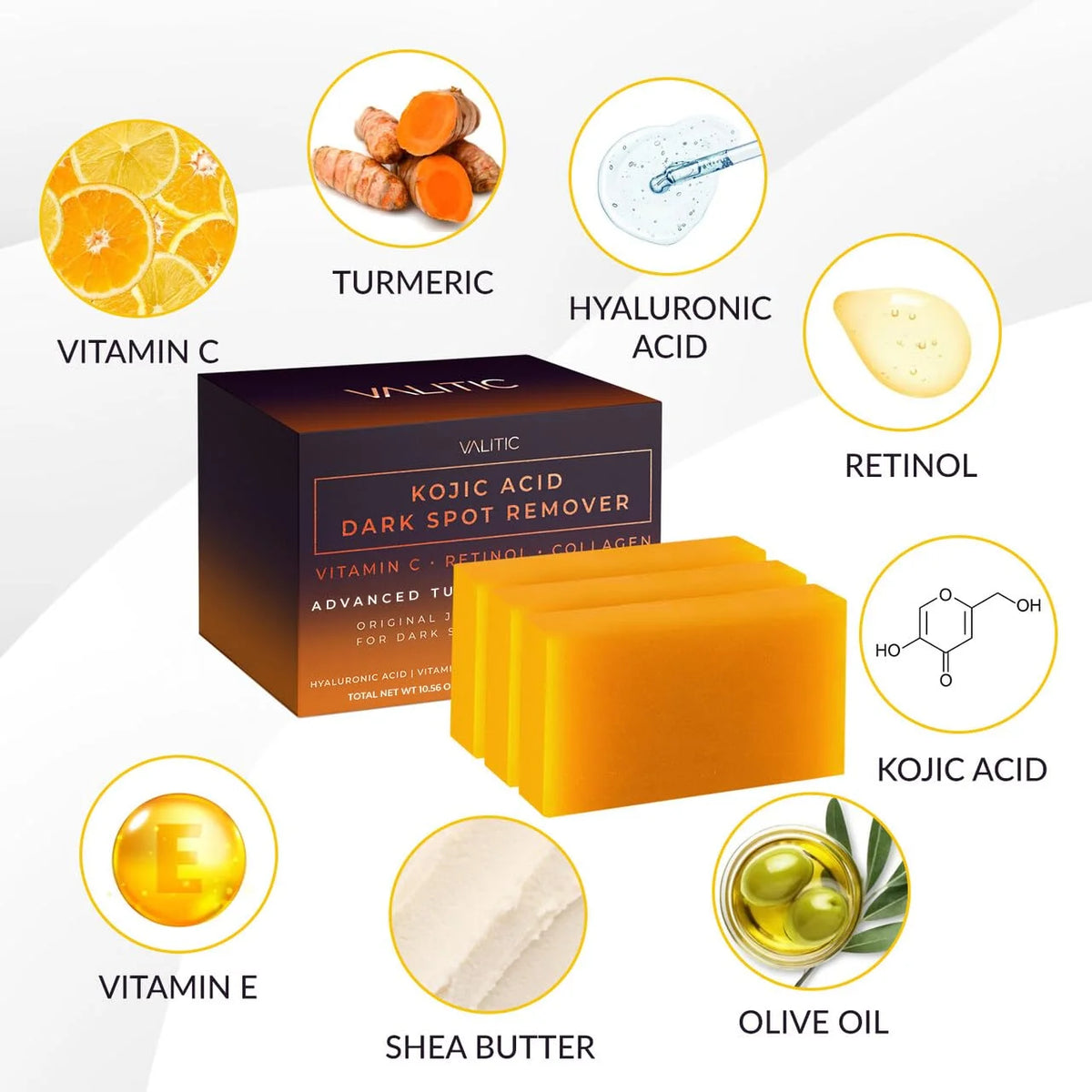 VALITIC Kojic Acid Dark Spot Remover Soap Bars, Turmeric Bar Soaps 4 Pack