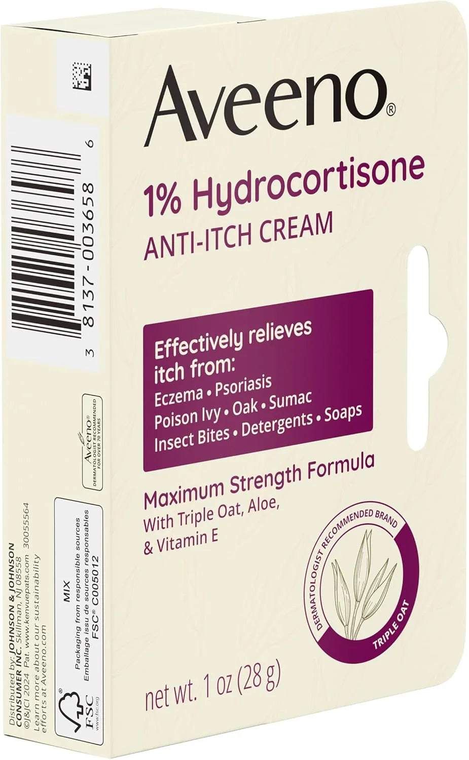 Aveeno Maximum Strength 1% Hydrocortisone Anti-Itch Cream, Triple Oat, Aloe & Vitamin E For Itch Relief From Eczema, Psoriasis, Insect Bites, Poison Ivy, Oak & Sumac & Detergents, 1 oz, 2 Pack