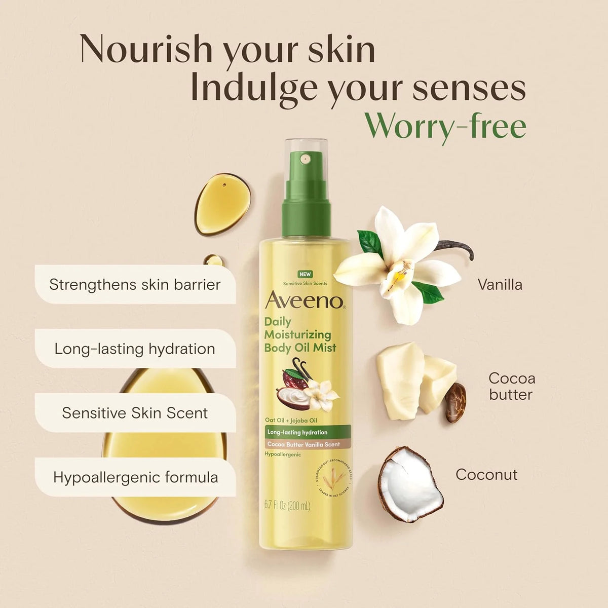 Aveeno Daily Moisturizing Body Oil Mist, Cocoa Butter Vanilla Scent, 6.7 fl. oz (Pack of 12)