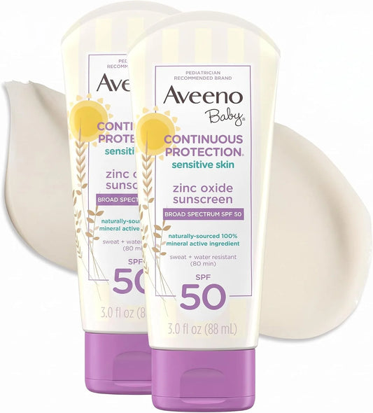 Aveeno Baby Continuous Protection Zinc Oxide Mineral Sunscreen Lotion for Sensitive Skin,Broad Spectrum SPF 50,Tear-Free,Sweat- & Water-Resistant,Paraben-Free,Travel-Size,3 fl. oz,(Pack of 2)