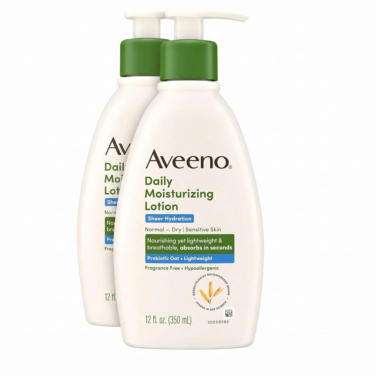 Aveeno Sheer Hydration Fragrance-Free Daily Moisturizing Lotion with Prebiotic Oat for Dry Skin, Lightweight, Fast-Absorbing Body Moisturizer Nourishes Skin with 48-hour Moisture, 18 fl oz (Pack of 2)