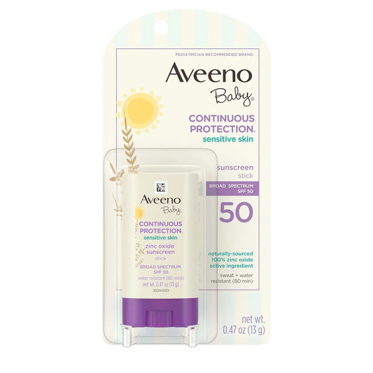Aveeno Baby Continuous Protection Mineral Sunscreen Stick for Sensitive Skin w/Broad Spectrum SPF 50 Protection for Face&Body, Naturally Sourced 100% Zinc Oxide, Travel Size, 0.47 Ounce (Pack of 12)