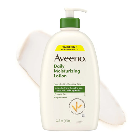Aveeno Daily Moisturizing Body Lotion with Soothing Prebiotic Oat,Gentle Lotion for Women&Men Nourishes Dry Skin,Paraben-Dye-&Fragrance-Free,Non-Greasy,Non-Comedogenic,Value Size,33 Fl Oz (Pack of 6)