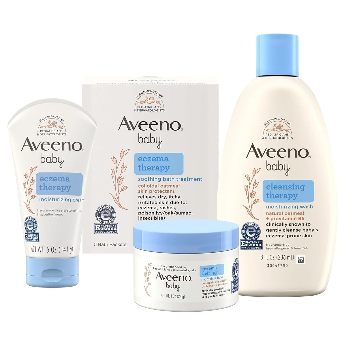 Aveeno Baby Eczema Therapy Bundle, 4 Items: Nighttime Balm, 1 oz + Moisturizing Cream, 5 oz + Soothing Bath Treatment, 5 ct + Moisturizing Baby Body Wash, 8 oz