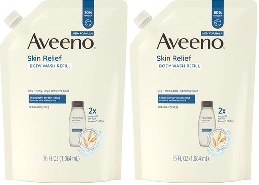 Aveeno Skin Relief-Body Wash Fragrance-Free + Triple Oat Formula,Gentle Daily Cleanser for Sensitive SkinLeaves Itchy, Dry SkinFeeling Soothed & Moisturized, Body Wash Refill, 36 fl. oz (Pack of 2)