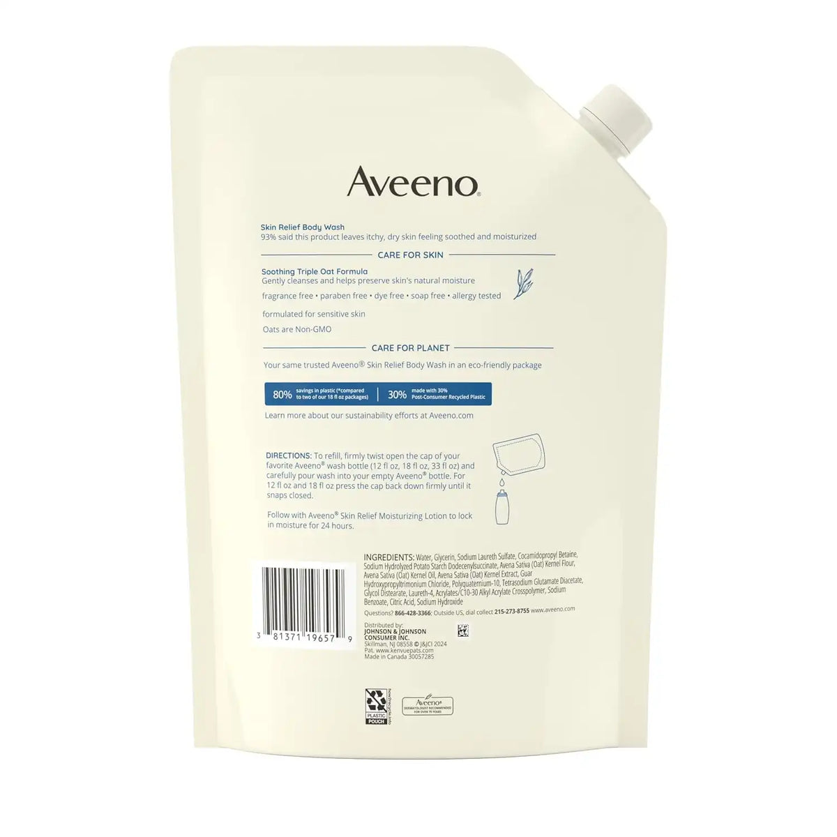 Aveeno Skin Relief Body Wash Refill, Fragrance-Free, 36 fl. oz