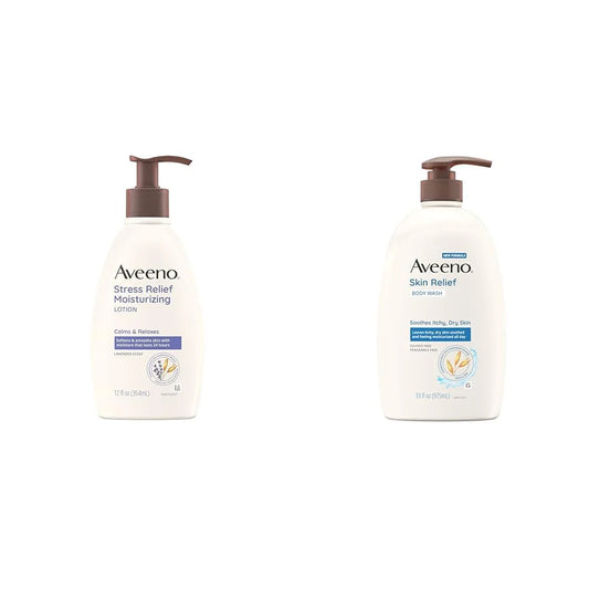 Aveeno Daily Stress Relief Lavender Body Lotion and Fragrance-Free Body Wash Bundle for Sensitive Skin, 12 fl oz and 33 fl oz