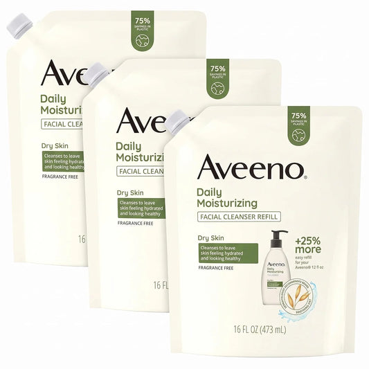 Aveeno Daily Moisturizing Facial Cleanser with Soothing Non-GMO Oat, Leaves Skin Feeling Hydrated, Soft & Supple, Paraben-, Sulfate-, Fragrance-, Dye- & Soap-Free, Refill Pouch, 16 fl. oz (Pack of 3)