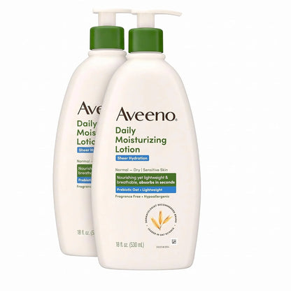 Aveeno Sheer Hydration Fragrance-Free Daily Moisturizing Lotion with Prebiotic Oat for Dry Skin, Lightweight, Fast-Absorbing Body Moisturizer Nourishes Skin with 48-hour Moisture, 18 fl oz (Pack of 2)