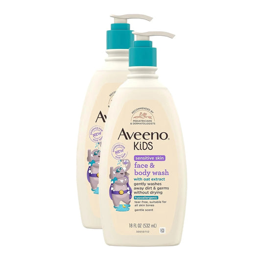 Aveeno Kids Sensitive Skin Face and Body Wash with Oat Extract,Gently Washes Away Dirt and Germs Without Drying,Tear-Free,Hypoallergenic Kids Body Wash,18 fl. oz,(Pack of 4)