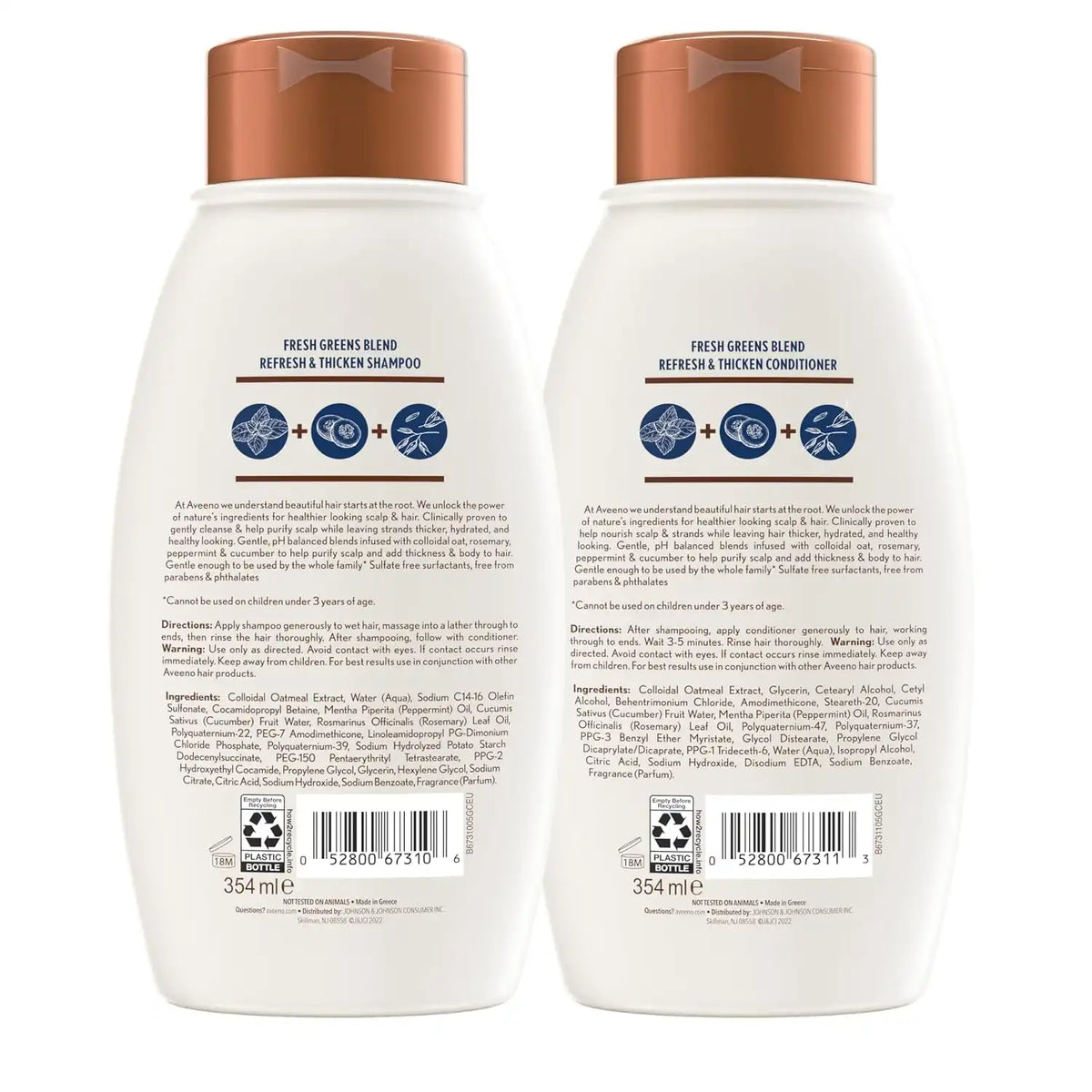 Aveeno Fresh Greens Shampoo and Conditioner Set,Sulfate Free,Clarifying & Volumizing for Thin or Fine Hair,Rosemary Peppermint Cucumber Nourish & Thicken,Color Safe Paraben Free,12 Fl Oz,(Pack of 4)