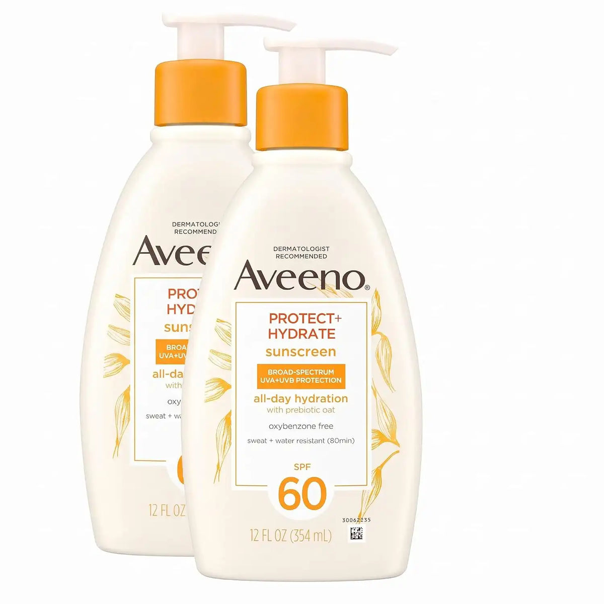 Aveeno Protect + Hydrate Sunscreen Moisturizing Lotion with Prebiotic Oat,Broad Spectrum SPF60,Paraben,& Oil Free,Weightless,Water & Sweat Resistant (80-min) for Sensitive Skin,12 Fl Oz,(Pack of 2)