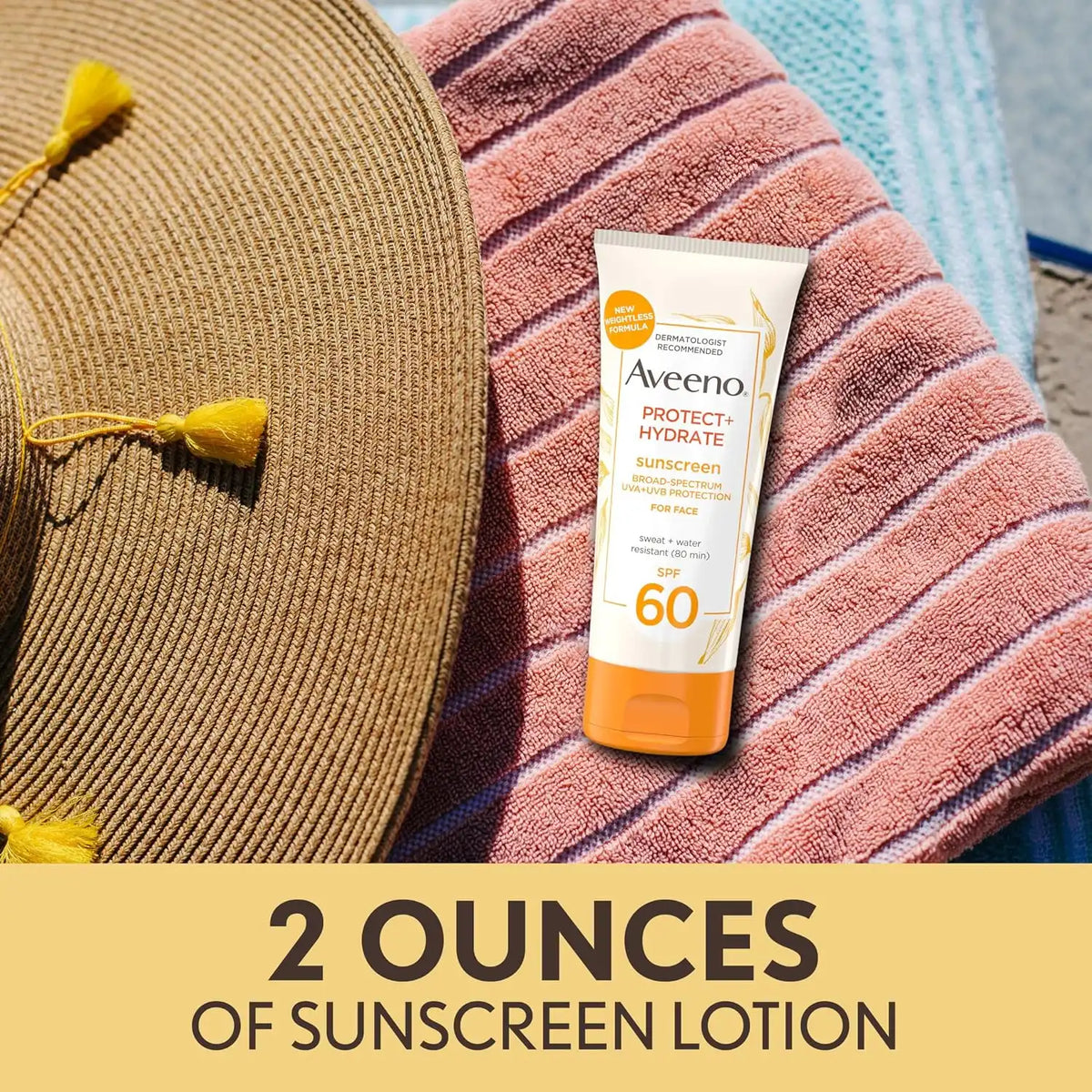 Aveeno Protect + Hydrate Face Sunscreen, SPF 60 Broad Spectrum, for Sensitive Skin, Travel Size, Water Resistant (80 minutes), Paraben, Oxybenzone & Oil Free, 2 fl oz (Pack of 12)