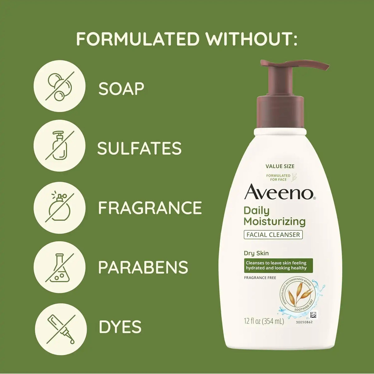 Aveeno Daily Moisturizing Facial Cleanser for Dry Skin,Gentle Face Cleanser with Soothing Oat for Skin that Feels Soft & Supple,Removes Dirt,Oil and Impurities,Fragrance Free,12 FL OZ,(Pack of 2)