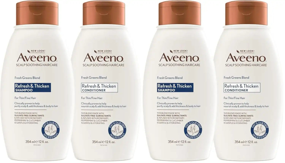 Aveeno Fresh Greens Shampoo and Conditioner Set,Sulfate Free,Clarifying & Volumizing for Thin or Fine Hair,Rosemary Peppermint Cucumber Nourish & Thicken,Color Safe Paraben Free,12 Fl Oz,(Pack of 4)