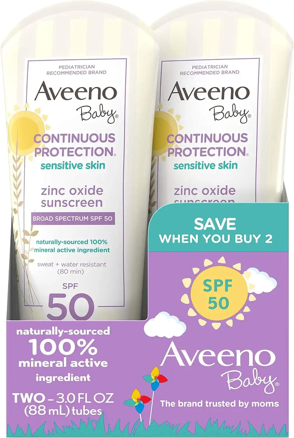 Aveeno Baby Continuous Protection Zinc Oxide Mineral Sunscreen Lotion for Sensitive Skin, Broad Spectrum SPF 50, Paraben- & Tear-Free, Sweat- & Water-Resistant, Travel-Size, 2 x 3 fl. oz