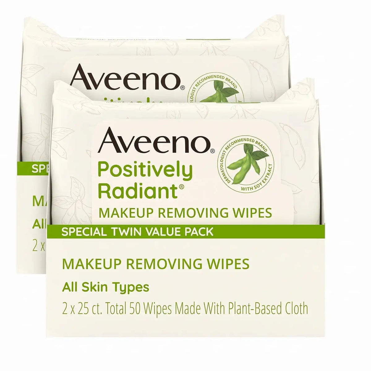 Aveeno Positively Radiant Makeup Remover Wipes,Oil Free,Alcohol Free,Non-Comedogenic Facial Cleansing Wipes,Gentle Face-Wipes for Sensitive Skin,Travel Makeup-Wipes,Twin Pack,2 x 25 Ct,(Pack of 2)