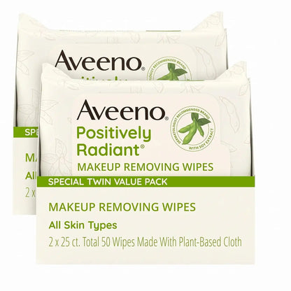 Aveeno Positively Radiant Makeup Remover Wipes,Oil Free,Alcohol Free,Non-Comedogenic Facial Cleansing Wipes,Gentle Face-Wipes for Sensitive Skin,Travel Makeup-Wipes,Twin Pack,2 x 25 Ct,(Pack of 2)