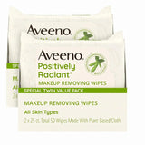 Aveeno Positively Radiant Makeup Remover Wipes,Oil Free,Alcohol Free,Non-Comedogenic Facial Cleansing Wipes,Gentle Face-Wipes for Sensitive Skin,Travel Makeup-Wipes,Twin Pack,2 x 25 Ct,(Pack of 2)