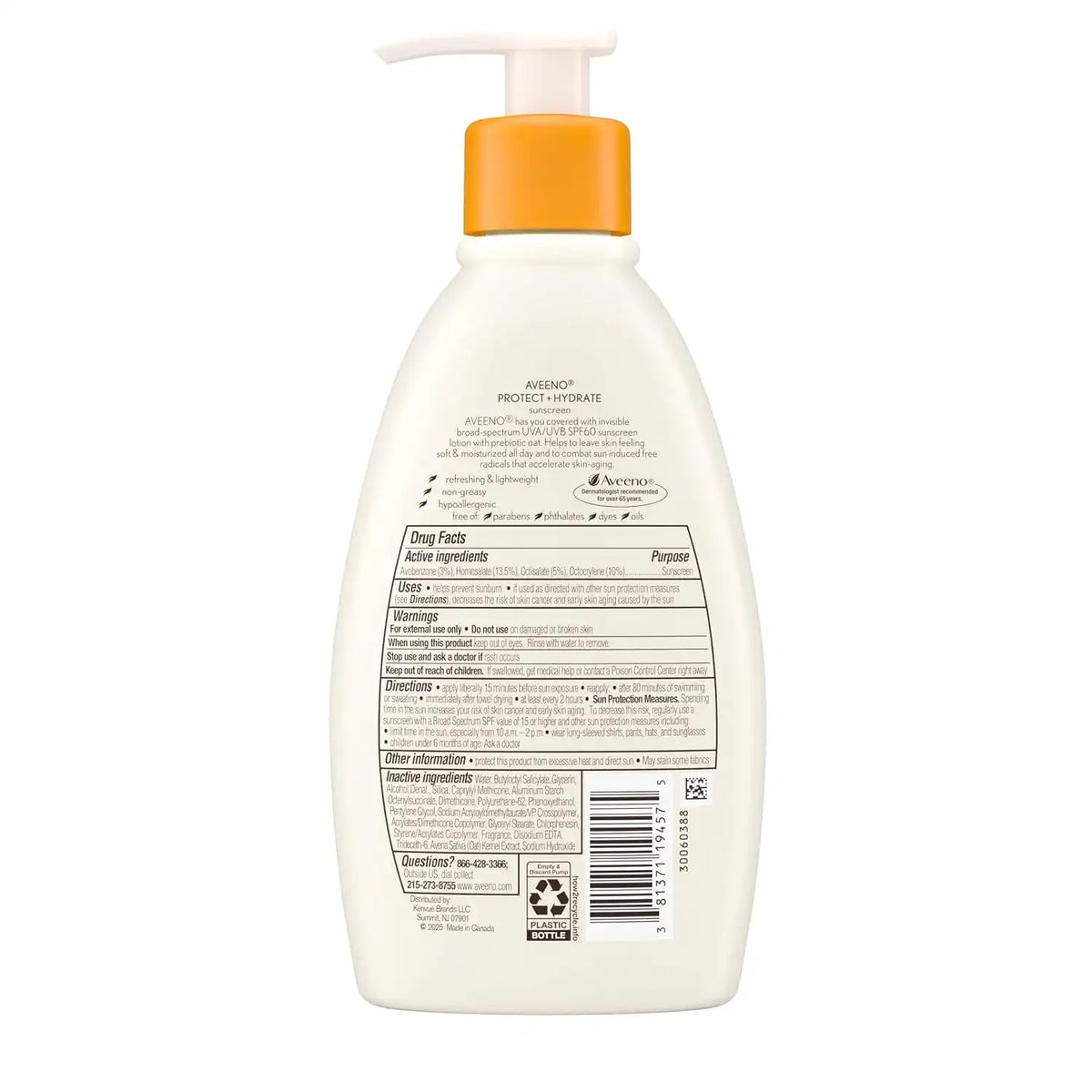Aveeno Protect + Hydrate Sunscreen Moisturizing Lotion with Prebiotic Oat,Broad Spectrum SPF60,Paraben,& Oil Free,Weightless,Water & Sweat Resistant (80-min) for Sensitive Skin,12 Fl Oz,(Pack of 2)